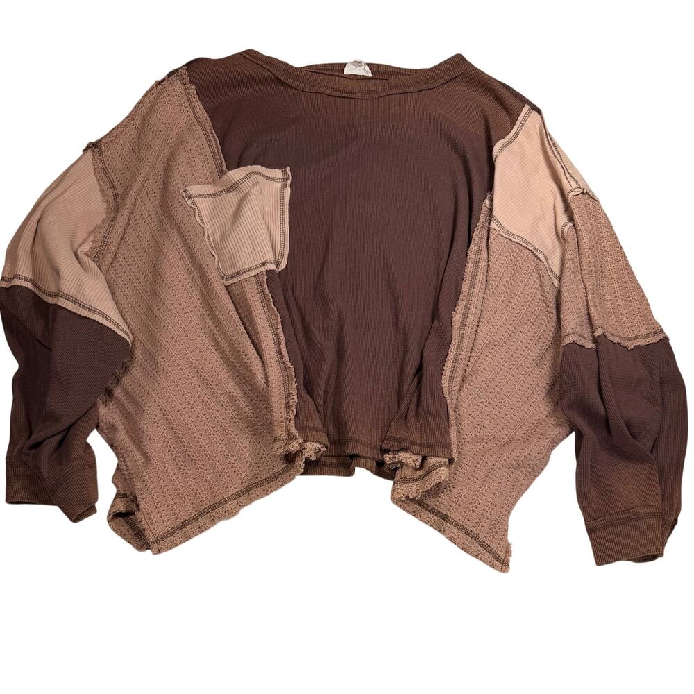 POL Patchwork Knit Top Large Oversized Brown Mixed Knit Raw Edge Boho Cotton